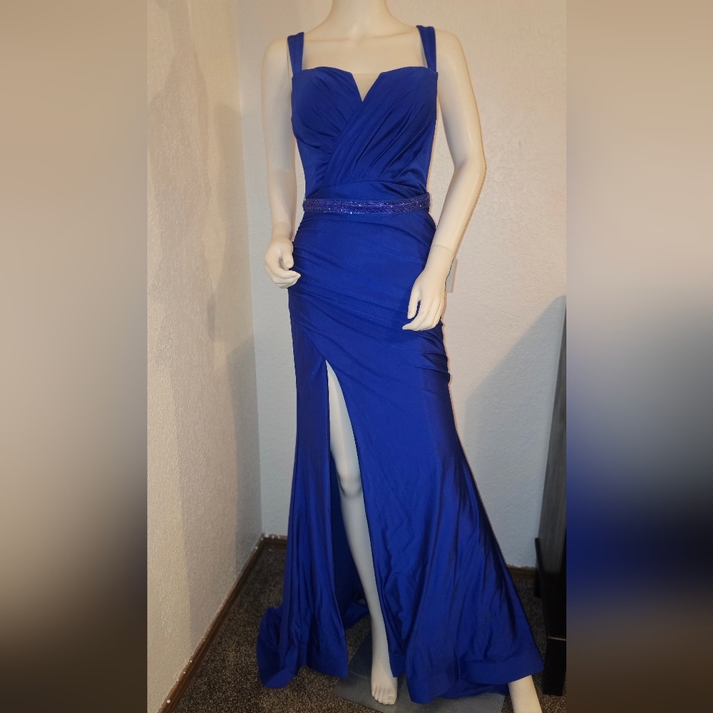 CINDERELLA DIVINE Royal Blue Prom Dress Size 2 W/ Train Slit Open Satin